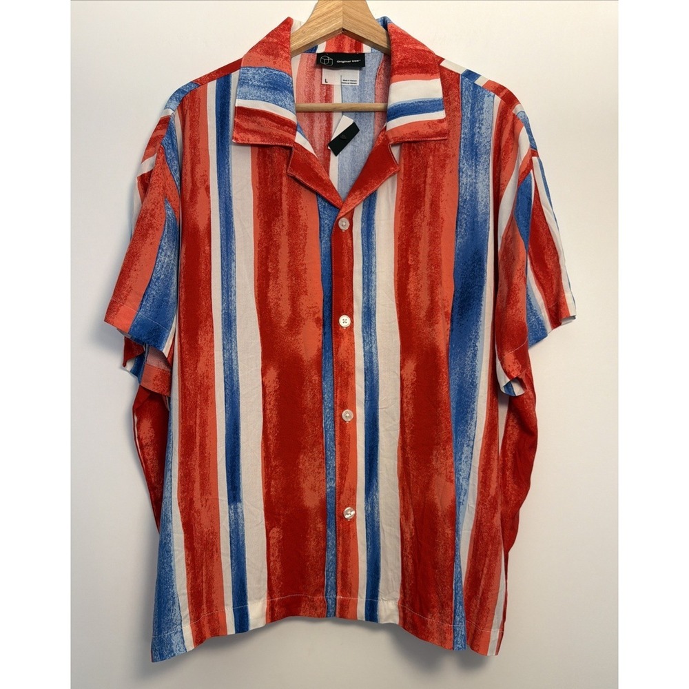 New Original Use Mens 100% Rayon Striped Button Down Shirt Size L Red White Blue - Picture 11 of 11